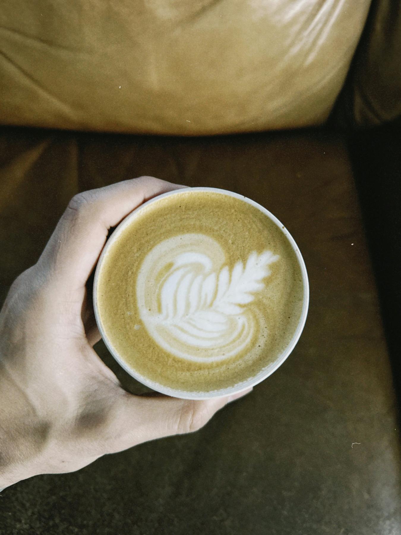 Hand holding a latte with rosetta latte art